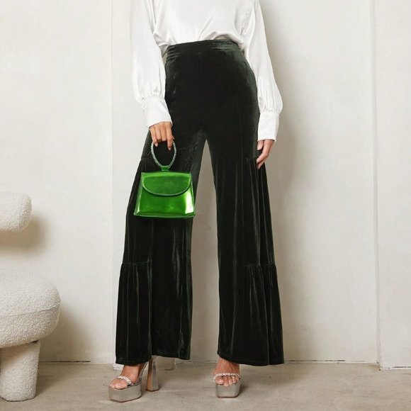Dark Green Casual Womens High Waist Ruffle Hem Velvet Wide Leg Pants - Picture 2 of 5
